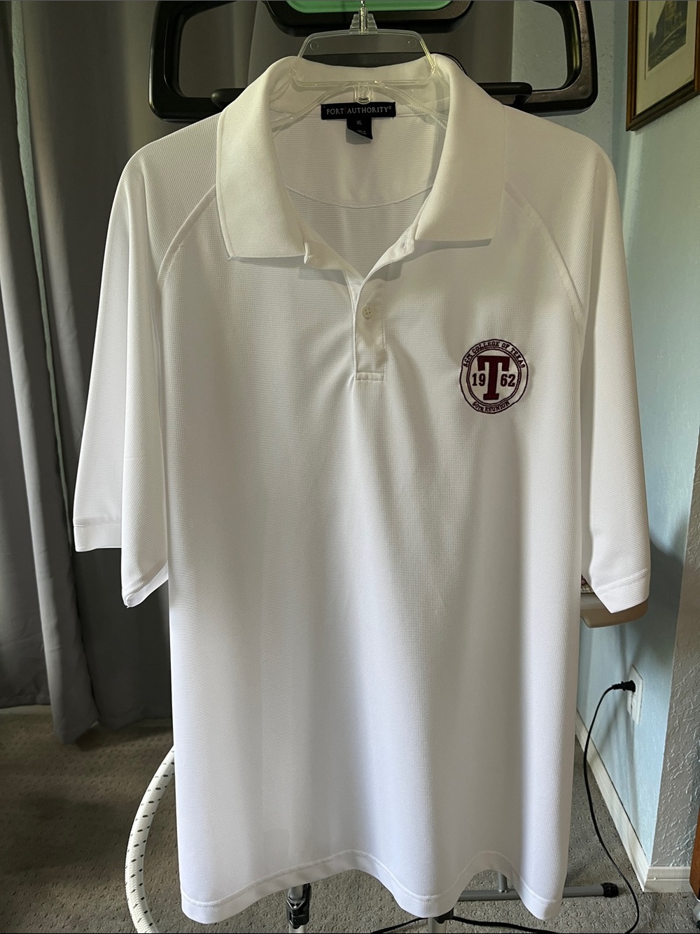 Port Authority White Polo with Maroon Embroidered Crest